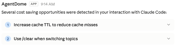 Cost saving recommendation delivered in Slack
